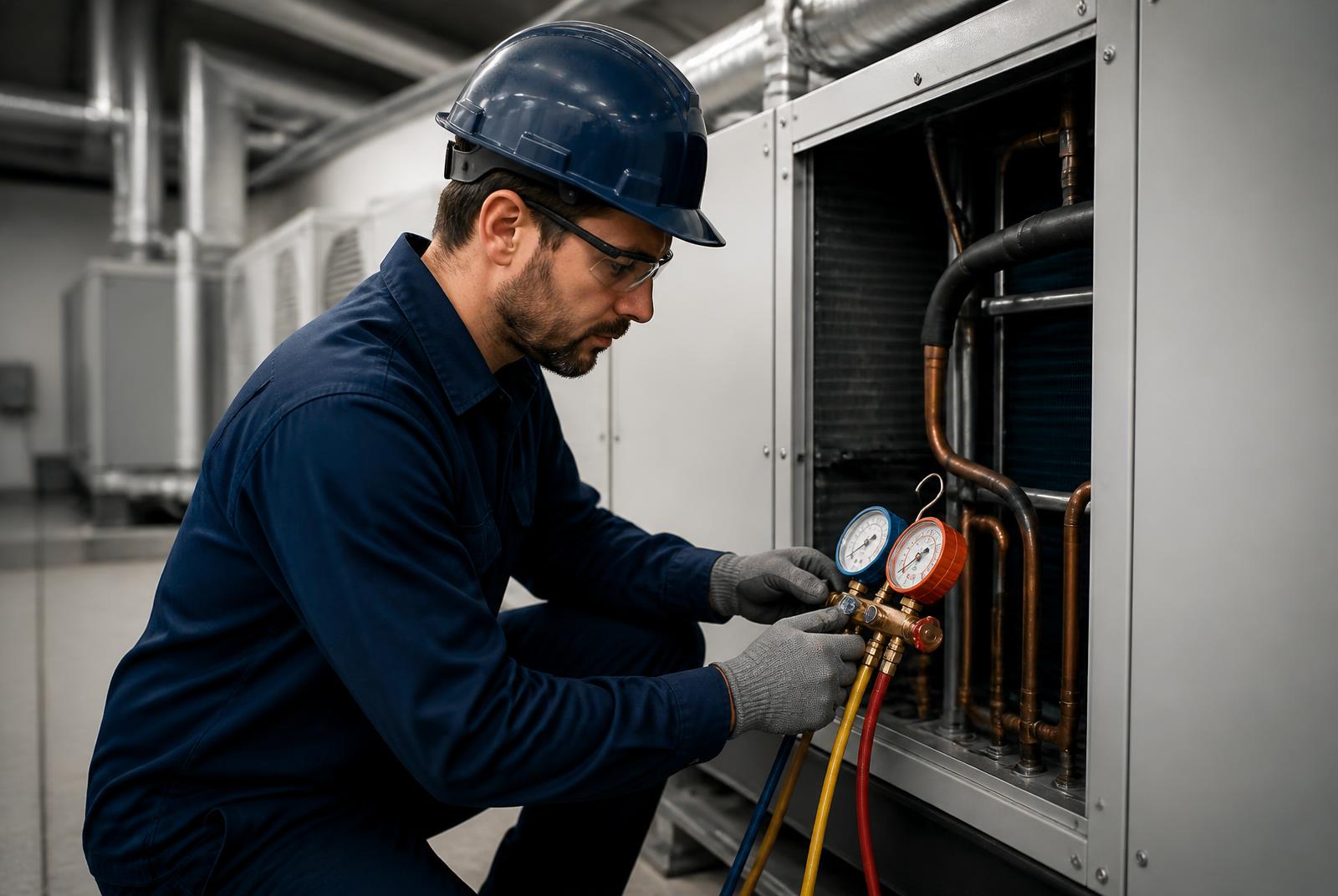 Técnico de PROCYCO realizando mantenimiento a una unidad manejadora de aire