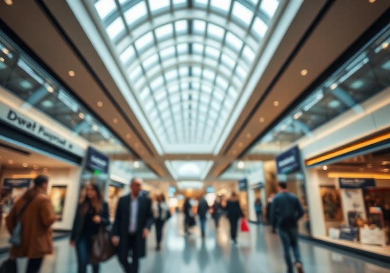 Interior de centro comercial climatizado con tragaluz