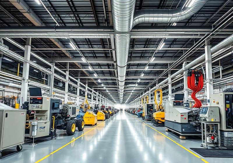 Nave industrial con ductería de aire acondicionado sobre la línea de producción