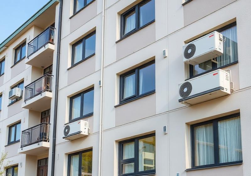Edificio de departamentos con equipos minisplit instalados en fachada
